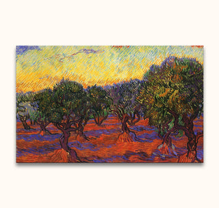 Vincent van Gogh - Boomgaard in de Provence, post-impressionistisch olieverfschilderij met olijfbomen op rood veld onder gele lucht. Geschilderd op hoogwaardig canvas, direct ophangklaar.