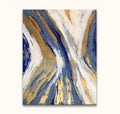 Abstract schilderij Goud-Aderen 1 met vloeiende blauw-gouden en off-white penseelstreken. Acrylverf op canvas, opgespannen op houten frame, klaar om op te hangen.