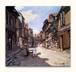 Straatscène door Claude Monet, Rue de Bavolle. Zonnige straat met huizen, vrouw en jongen op de voorgrond. Handgeschilderd olieverf, klaar om op te hangen.