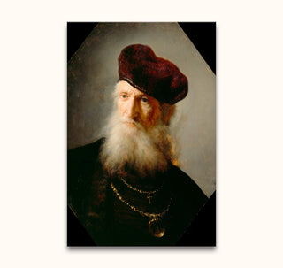Portret van een oudere man met baard en rode baret, handgeschilderd in de stijl van Rembrandt. Portret van Titus 1632 op museumkwaliteit canvas. Klar om op te hangen.