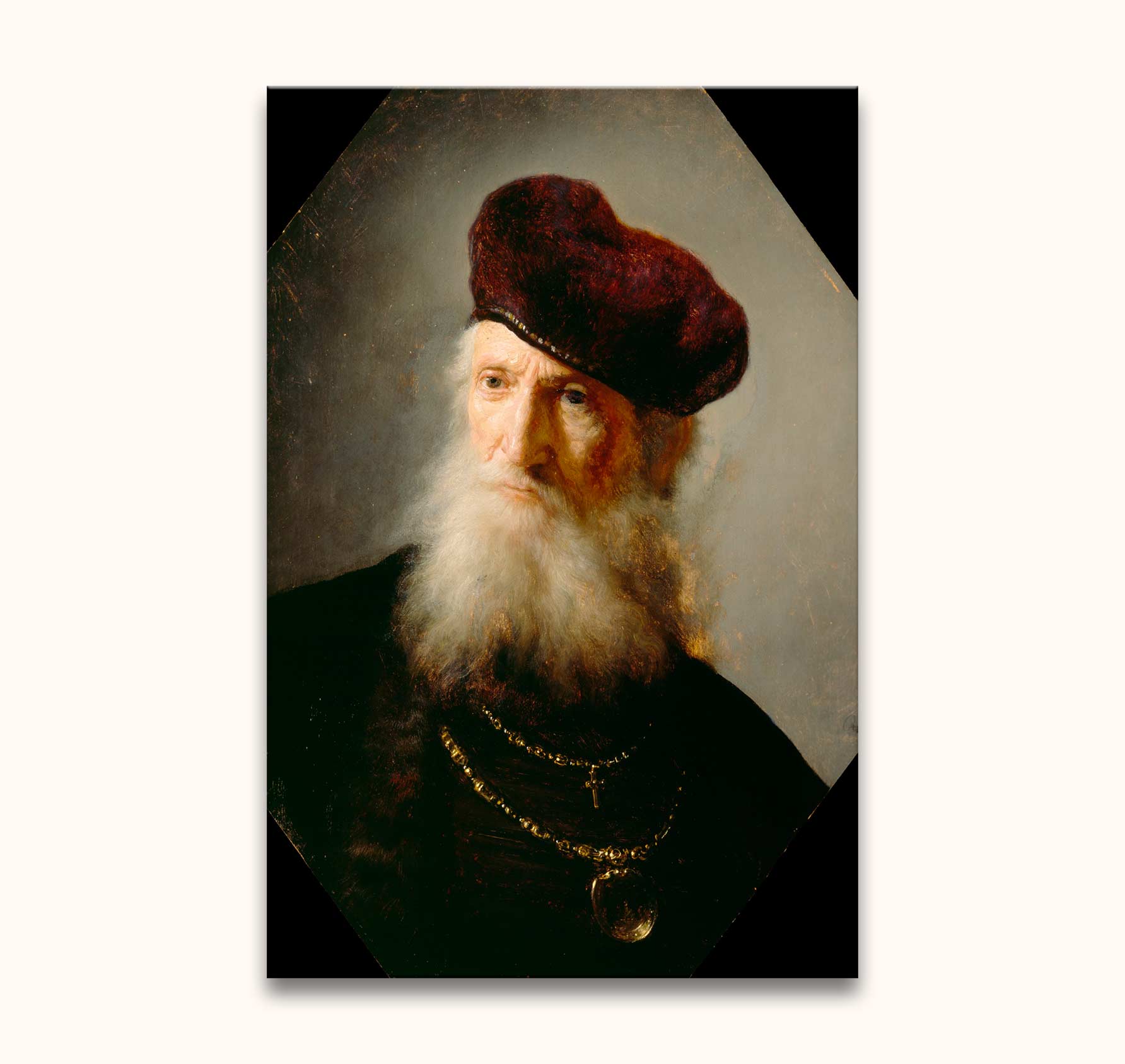 Portret van een oudere man met baard en rode baret, handgeschilderd in de stijl van Rembrandt. Portret van Titus 1632 op museumkwaliteit canvas. Klar om op te hangen.