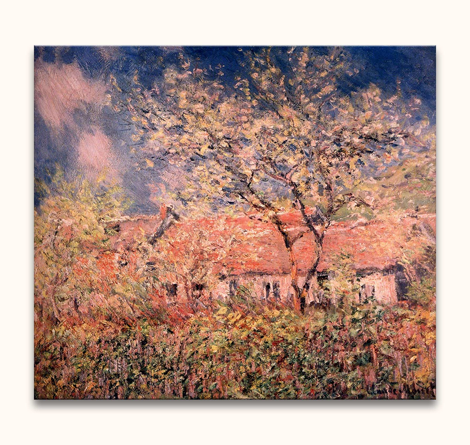 Impressionistisch olieverfschilderij Boerderij in Bloesem van Claude Monet. Rood dak, bloeiende bomen en heldere lucht. Geschilderd op museumkwaliteit canvas.