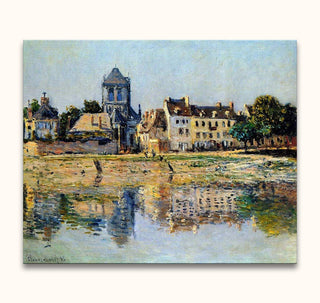Impressionistisch landschap met huizen langs de Seine, boom, en rivier, getiteld Claude Monet – Zeehaven van Vallecrosia. Geschilderd op zuurvrij canvas, klaar om op te hangen.