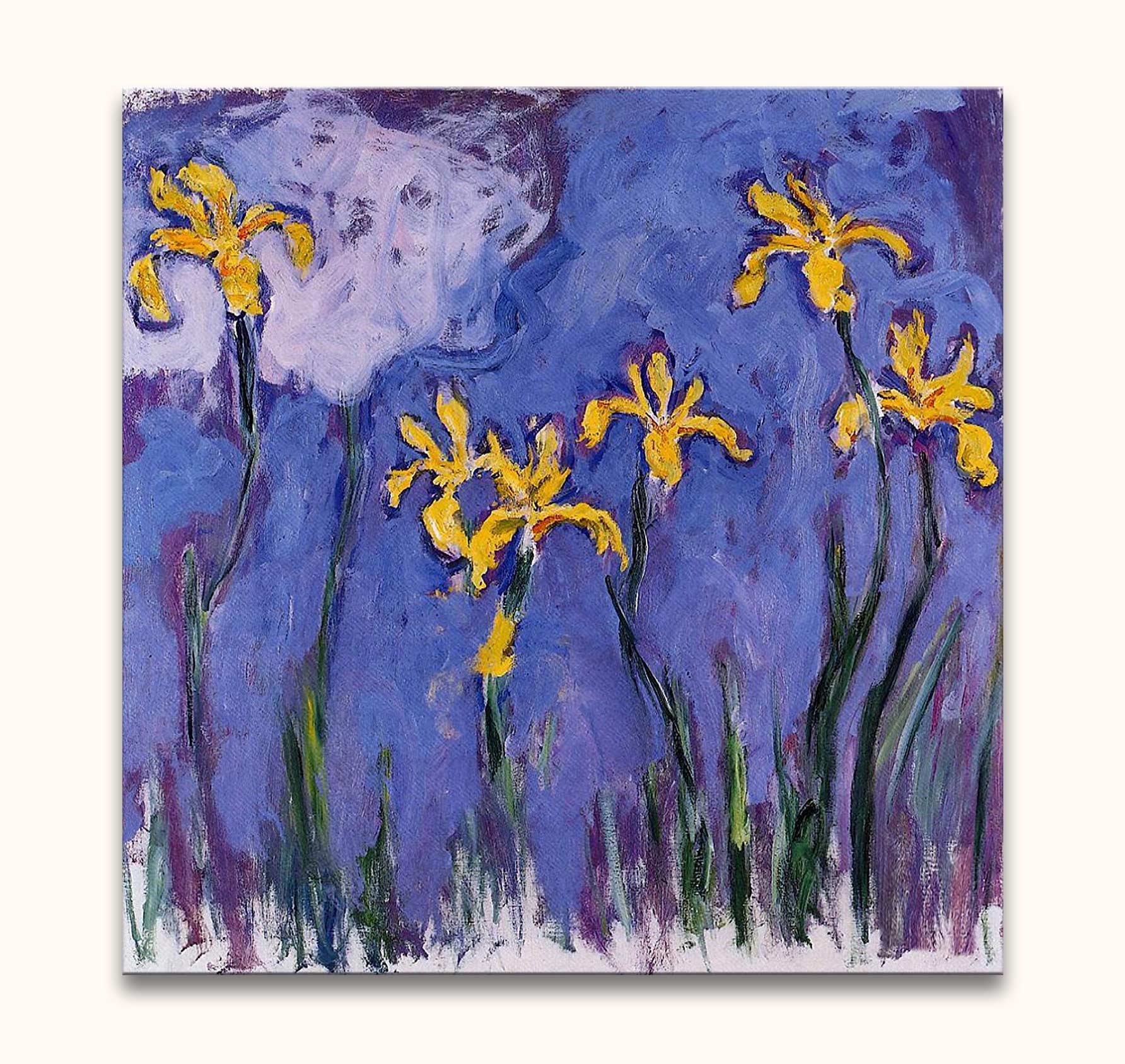 Claude Monet – Wilde Narcissen: Impressionistisch olieverfschilderij van zes gele bloemen met groene stelen op een violet-blauwe achtergrond, klaar om op te hangen.