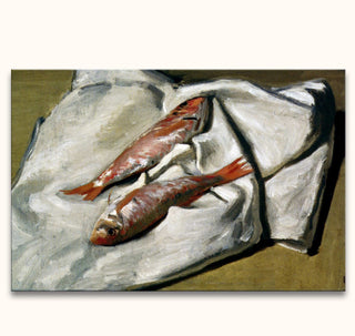 Twee rode zeebarbelen op een witte doek in een impressionistisch olieverfschilderij van Claude Monet, perfect voor liefhebbers van romantische moderne kunst.
