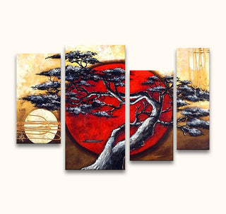Handgeschilderd vierluik schilderij Bonsai Boom – Olieverf 4-Luik met een gestileerde boom tegen een rode zon, moderne paletmes techniek. Geschikt voor natuurkunstliefhebbers.