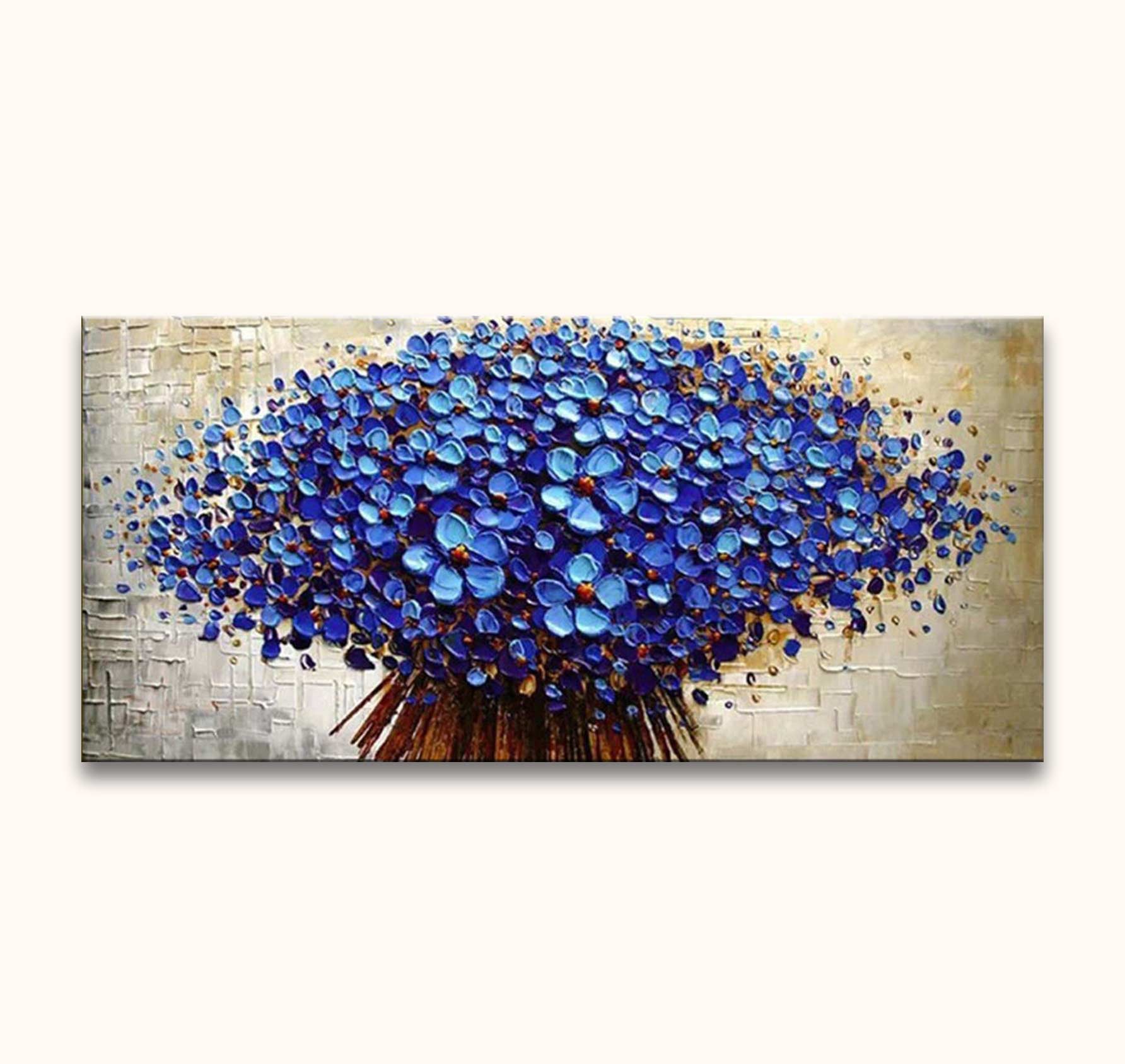 Bolderikbloemen – Dikke olieverf op canvas: Impasto schilderij met blauwe bloemen in volle bloei. Zuurvrij canvas, handgeschilderd, inclusief ophangsysteem. Perfect voor interieurdesign.
