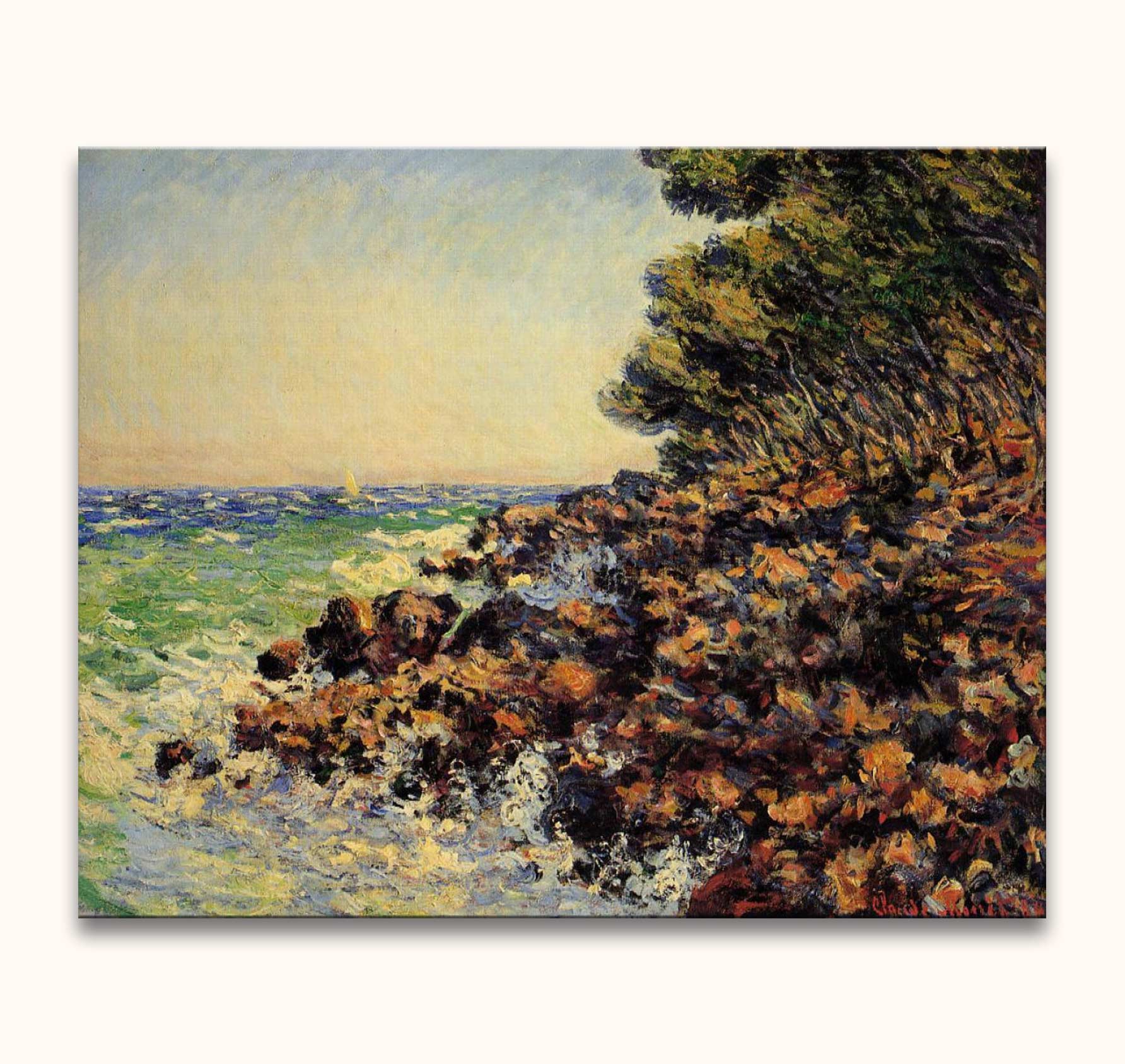 Impressionistisch olieverfschilderij Claude Monet – Kaap Martin met ruige kustlijn en golven, ideaal voor liefhebbers van romantische moderne kunst. Geschilderd op hoogwaardig canvas.