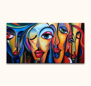 Vijf kubistische vrouwengezichten in expressieve stijl, handgeschilderd op doek. Picasso signature - Big Eye Girls. Geschikt voor moderne interieurs, direct ophangbaar.
