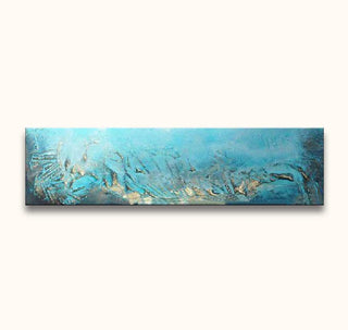 Abstract schilderij ‘Big Blue’, aqua-blauwe tinten met gouden accenten. Geschilderd met dikke olieverf op canvas, ideaal voor liefhebbers van rustieke abstracte kunst.