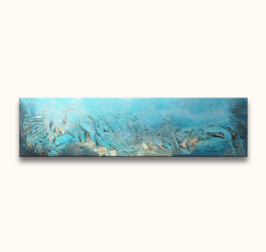 Abstract schilderij ‘Big Blue’, aqua-blauwe tinten met gouden accenten. Geschilderd met dikke olieverf op canvas, ideaal voor liefhebbers van rustieke abstracte kunst.