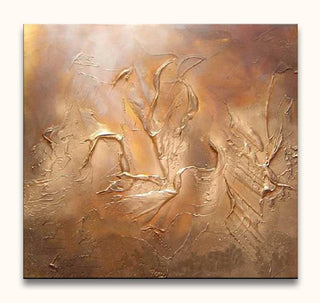 Golden Dawn - Dikke olieverf op canvas toont een abstracte, goudbruine textuur met reliëf, geschilderd met paletmes, perfect voor moderne, rustieke interieurs.