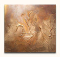 Golden Dawn - Dikke olieverf op canvas toont een abstracte, goudbruine textuur met reliëf, geschilderd met paletmes, perfect voor moderne, rustieke interieurs.