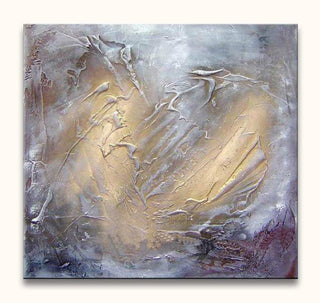 Abstract schilderij 'Smokey Gold', met zilvergrijze en goudbruine tinten, textuur door paletmes op canvas. Geschikt voor moderne interieurontwerpen.