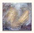 Abstract schilderij 'Smokey Gold', met zilvergrijze en goudbruine tinten, textuur door paletmes op canvas. Geschikt voor moderne interieurontwerpen.