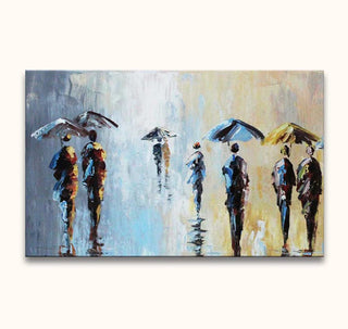 Impressionistisch schilderij 'Five Umbrella’s and a Wet Suit', toont vijf mensen met paraplu's in de regen. Moderne paletmes techniek op museumkwaliteit canvas.