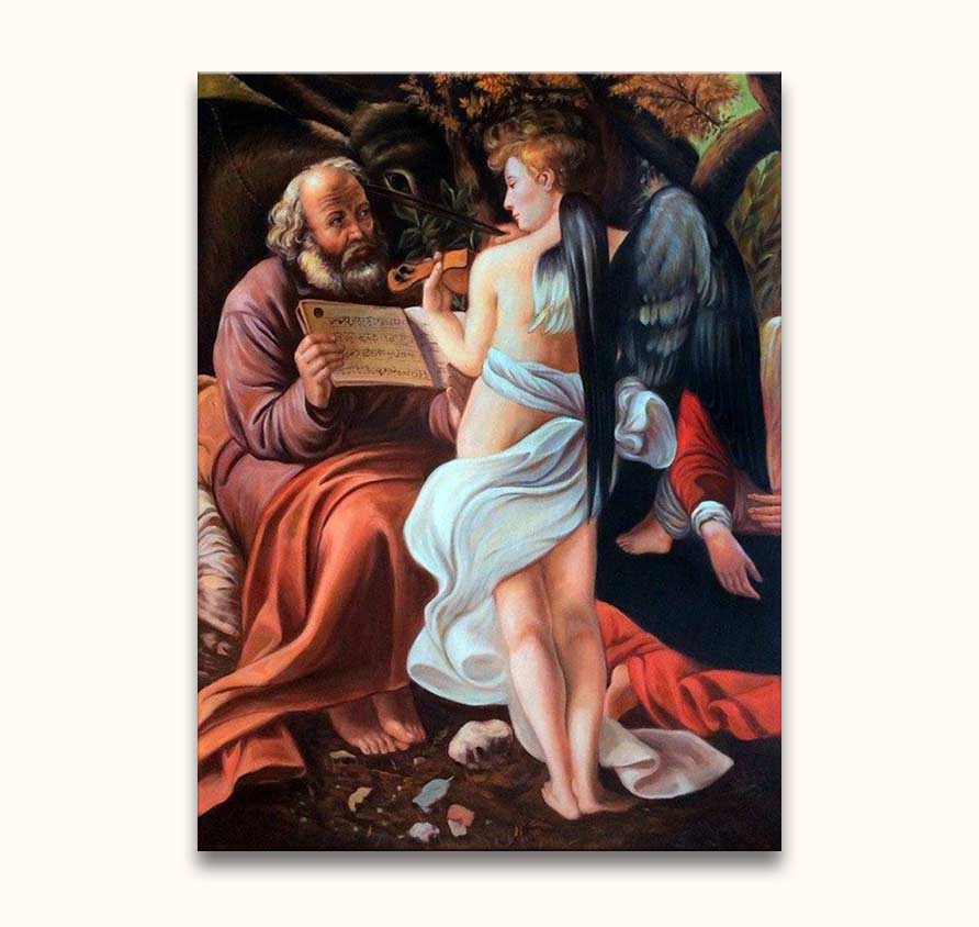 Engel speelt viool voor oude man met bladmuziek in Michelangelo's De Vlucht naar Egypte. Handgeschilderd olieverfschilderij, barokstijl, op gespannen doek.