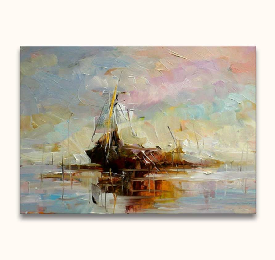Olieverfschilderij 'Windstil bij Ameland': abstracte weergave van een schip bij Ameland, met zachte pasteltinten en reflecties op kalm water. Geschilderd op hoogwaardig canvas.