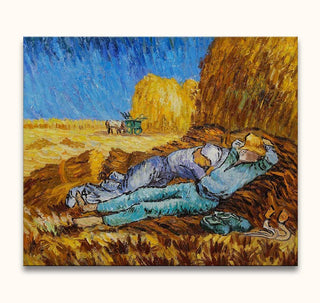Vincent van Gogh - Middagdutje: Twee landarbeiders rusten op een hooiberg onder een blauwe hemel. Handgeschilderd olieverfschilderij, klaar om op te hangen.