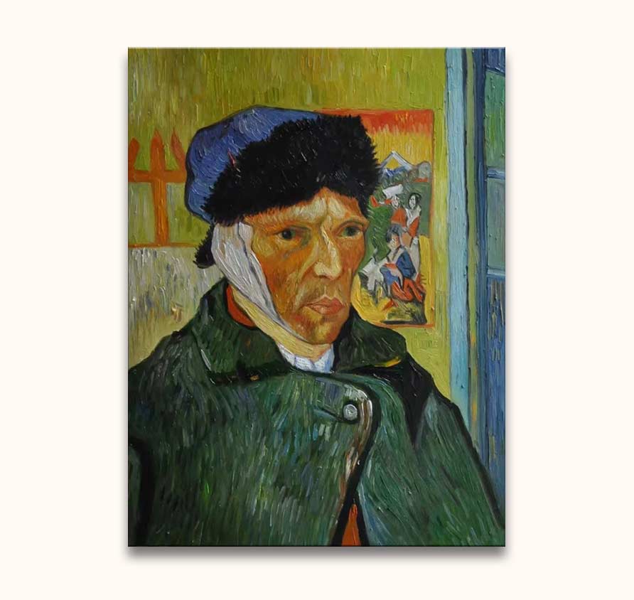 Vincent van Gogh - Zelfportret na Ooramputatie; man in groene jas, bontmuts, met verband om linkeroor. Impressionistisch schilderij, handgeschilderd op hoogwaardig canvas.