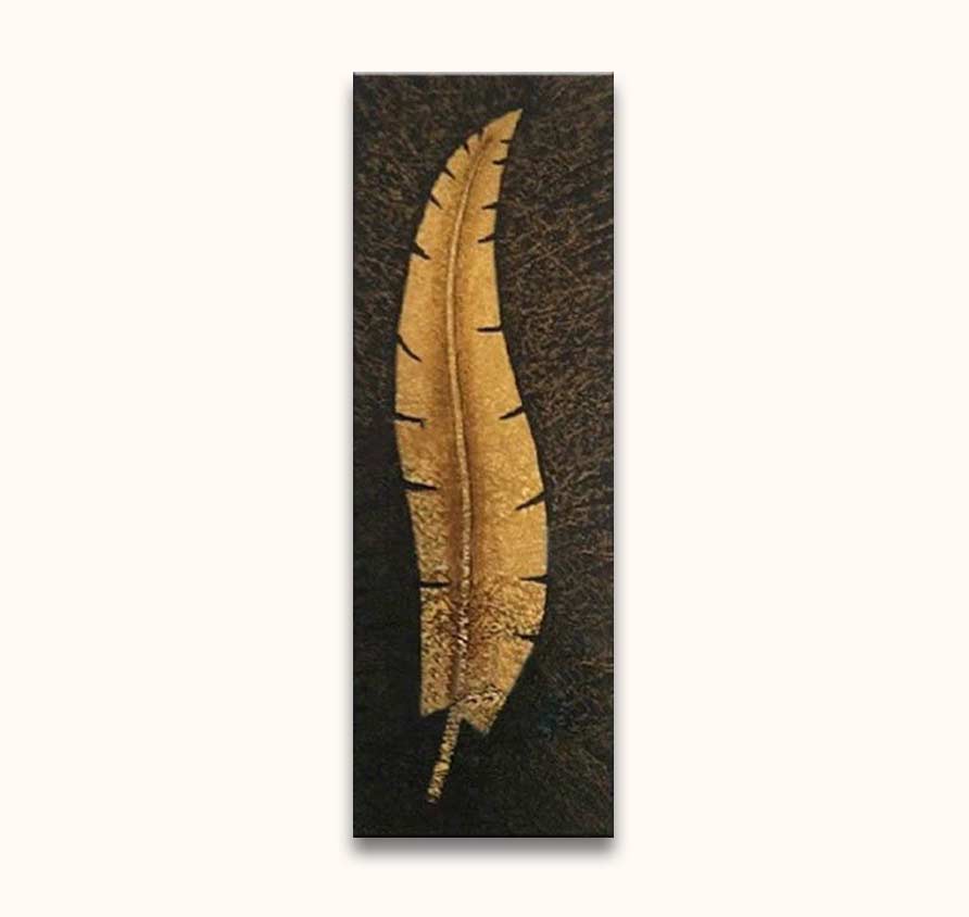 Goudblad - Olieverf op canvas: Een enkel gouden blad op een donkere achtergrond, geschilderd met paletmes. Modern kunstwerk, direct ophangbaar, zonder lijst nodig.