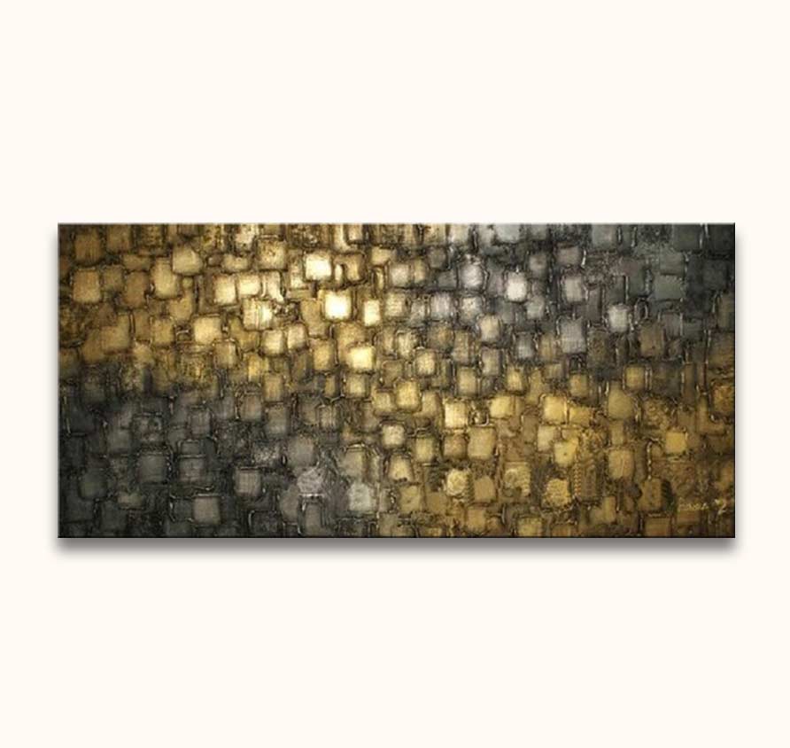 Gouden Dageraad - Olieverf op canvas: Abstracte panelen met textuur in warme en koele tinten, reflecterend licht. Ideaal voor moderne interieurs.