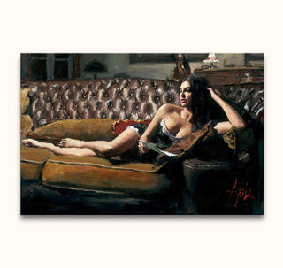 Fabian Perez's olieverfschilderij 'Saba with Letter' toont een vrouw in onderkleding op een leren bank, omgeven door luxueus interieur. Handgeschilderd, impressionistisch kunstwerk.