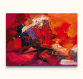 Energetic Red Rectangle - Olieverf op canvas: Vibrant abstract painting with dynamic red and orange brushstrokes, accented by dark blues, capturing expressive movement. Ready to hang.