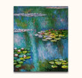 Schilderij Claude Monet – Lotusbloemen op de Seine: Impressionistisch olieverfdoek met waterlelies en leliebladeren, gespannen op houten frame, klaar om op te hangen.