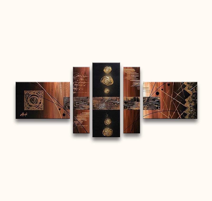 Tribal Art – Olieverf 5-Luik: Handgeschilderd abstract kunstwerk met tribale motieven, geometrische vormen en kalligrafische streken op vijf panelen. Geschikt voor moderne interieurs.