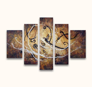 Tribal Ideas – Olieverf 5-Luik: Abstracte canvas kunst met warme aardetinten en zwarte kalligrafie, ideaal voor moderne interieurs. Geschilderd met paletmes op hoogwaardig canvas.