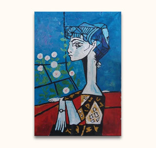 Cubist painting Annabella En Profil 1 features a seated woman with elongated neck, blue hair, patterned dress, against a floral window backdrop. 55x80cm, hand-painted oil on canvas.