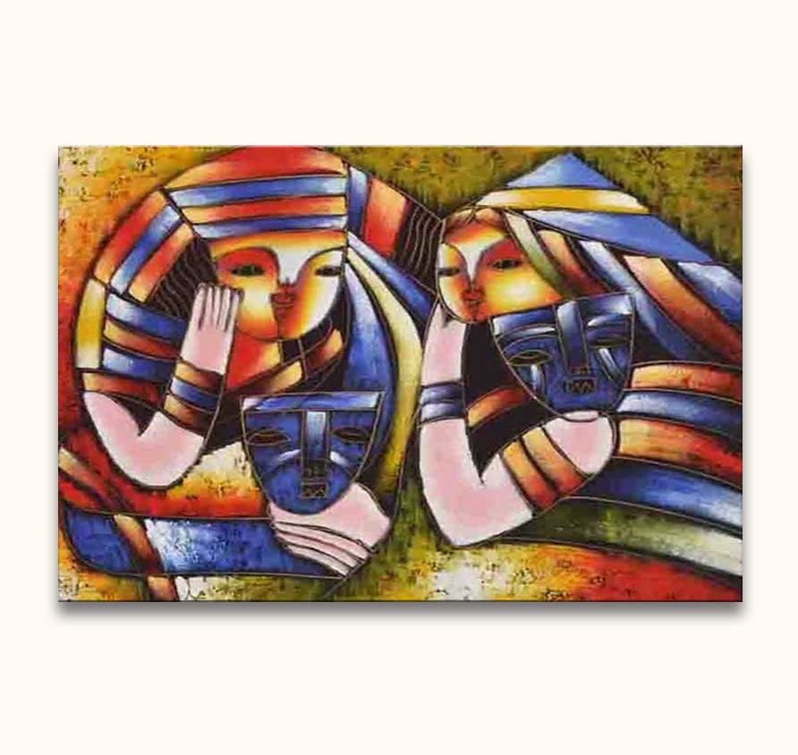 Twee kubistische figuren met maskers, geïnspireerd door Picasso's Annabella en Josephine, handgeschilderd op doek, opgezet voor direct ophangen, zonder lijst nodig.