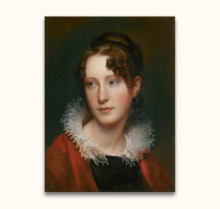 Rembrandt van Rijn – Portret van Roselba: klassiek olieverfschilderij van jonge vrouw met donkere krullen, rode mantel, en kanten kraag, suggestief voor 19e-eeuwse Europese stijl.