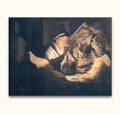 Rembrandt van Rijn – De Rijke Dwaas: Olieverfschilderij van een oudere man bij kaarslicht, lezend aan een rommelig bureau, symboliserend studie en reflectie.