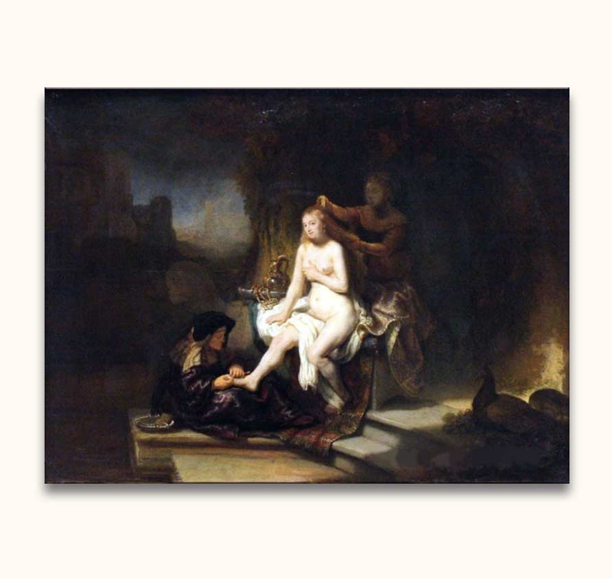 Rembrandt van Rijn – Batseba in Bad: Seventeenth-century olieverfschilderij met Batseba zittend, bediend door twee dienaressen. Handgeschilderd, rijk aan barokke details.