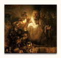 Rembrandt van Rijn – De Ontkenning van Petrus: Ouderling zegent ridder in klassieke clair-obscur stijl, omringd door schimmige figuren. Olieverf op canvas, hoogwaardige museumkwaliteit.