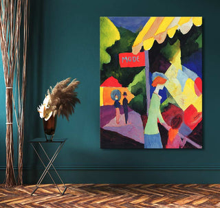 Hand-painted August Macke's Fashion Store Window in Fauvist style with vibrant figures under a shop awning; displayed on a teal wall, ready to hang.