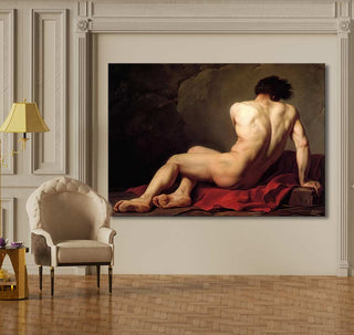 Jacques Louis David's Patroclus reproduction: a classical-style oil painting of a nude male figure on a red drape, framed and ready to hang.