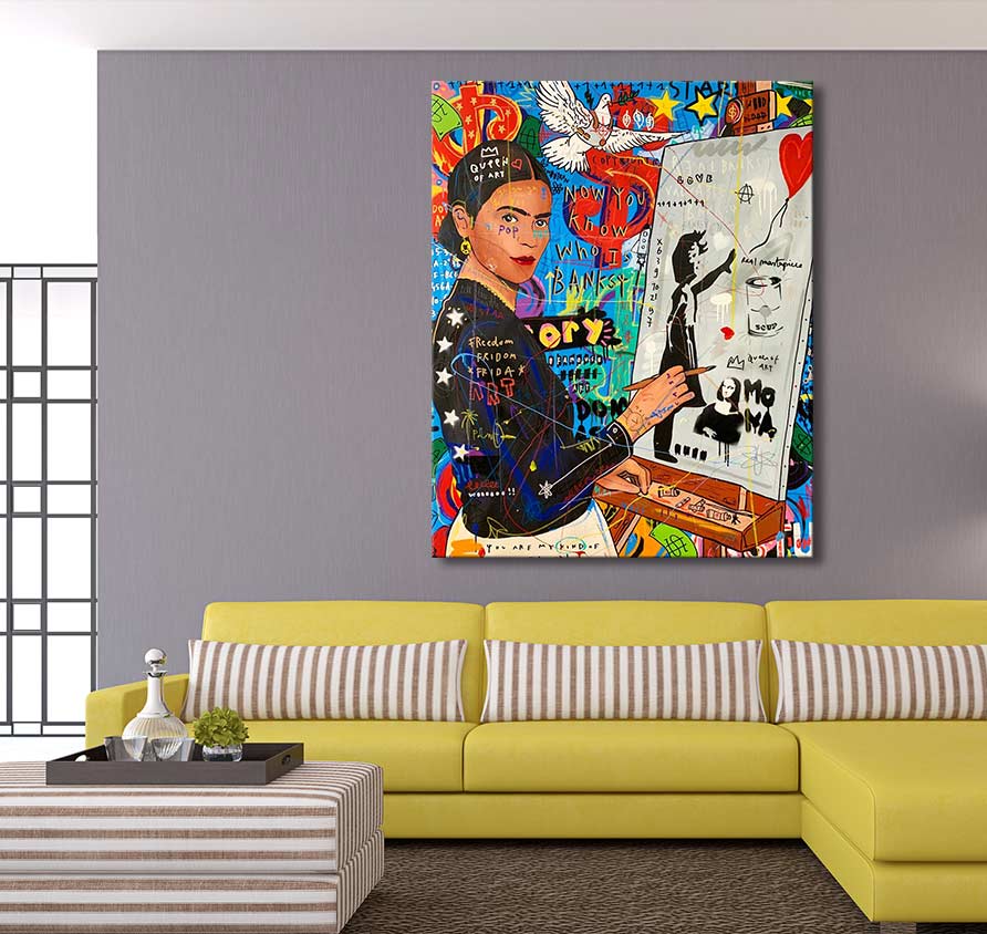 Jisbar - Frida painting: pop-art portrayal of Frida Kahlo with Banksy-style art in vibrant colors, ideal for modern interiors. Hand-painted, ready to hang.