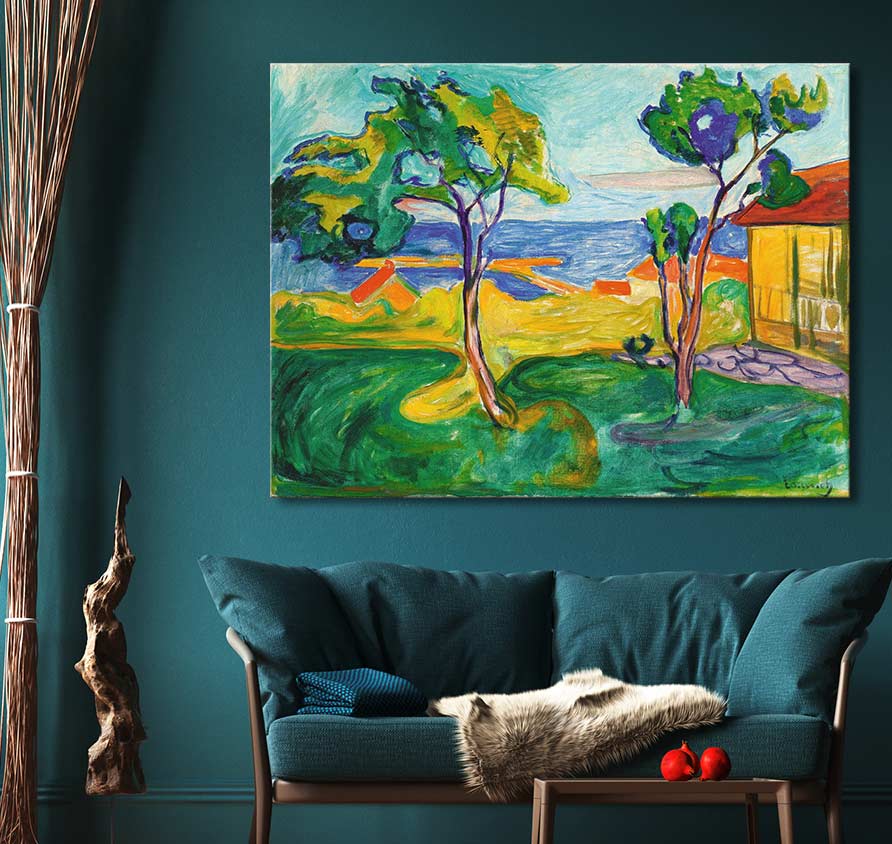 Edvard Munch's The Garden in Asgardstrand oil painting above a teal loveseat, featuring vibrant expressionist landscapes, perfect for modern interiors.
