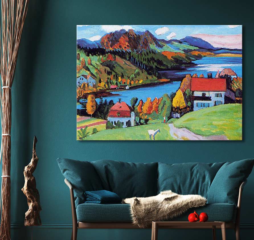 Expressionist painting Staffelsee in Autumn by Gabriële Munter shows vibrant hills and houses. Perfect for modern interiors, ready-to-hang with UV protection.