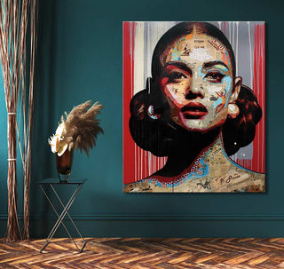 Loui Jover's Ready for Action portrays a woman's face using mixed-media collage and bold paint, mounted on teal. Ideal for expressive interior design.