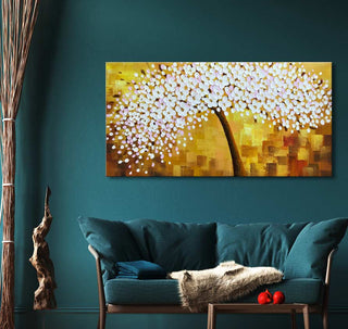 Zoete Kersbloesem - Dikke olieverf op canvas, toont een bloeiende prunus met dikke, expressieve verfstreken. Geïnspireerd door natuurlijke schoonheid, perfect voor moderne interieurs.
