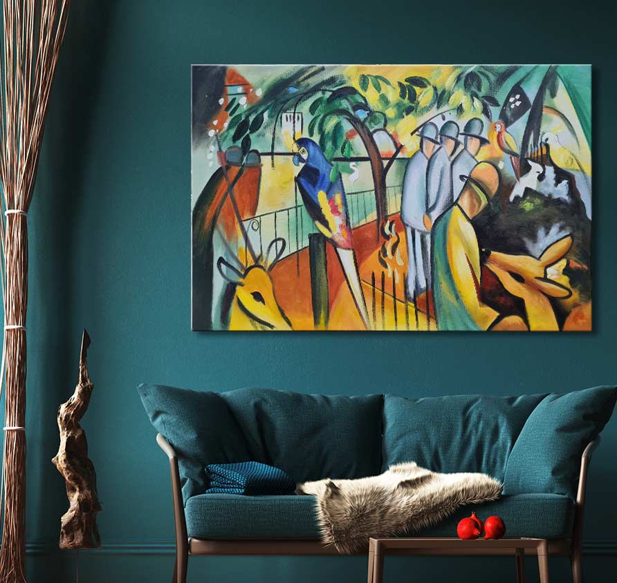 Handgeschilderd schilderij Diergaarde van August Macke met levendige kleuren en abstracte dieren- en mensfiguren. Opgespannen canvas, klaar om op te hangen.