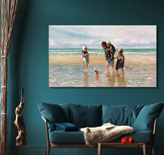 Jozef Israëls - Kinderen van de Zee: Four children play by the water with a sailboat. Impressionist oil painting on canvas, stretched on a wooden frame.