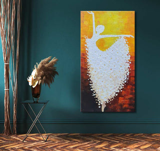 Klassieke Ballerina – Dikke olieverf op canvas toont een witte ballerina met een speelse, dikke olieverfvoorgrond tegen een kubistische herfstachtergrond. Geschikt voor interieurs.