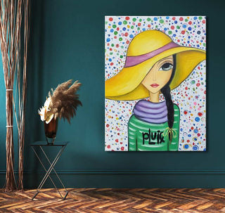 Romina Lerda's 'Pluie' canvas: a vibrant portrait of a woman in a sunhat, hand-painted, ready-to-hang, featuring UV-protected, museum-quality materials.