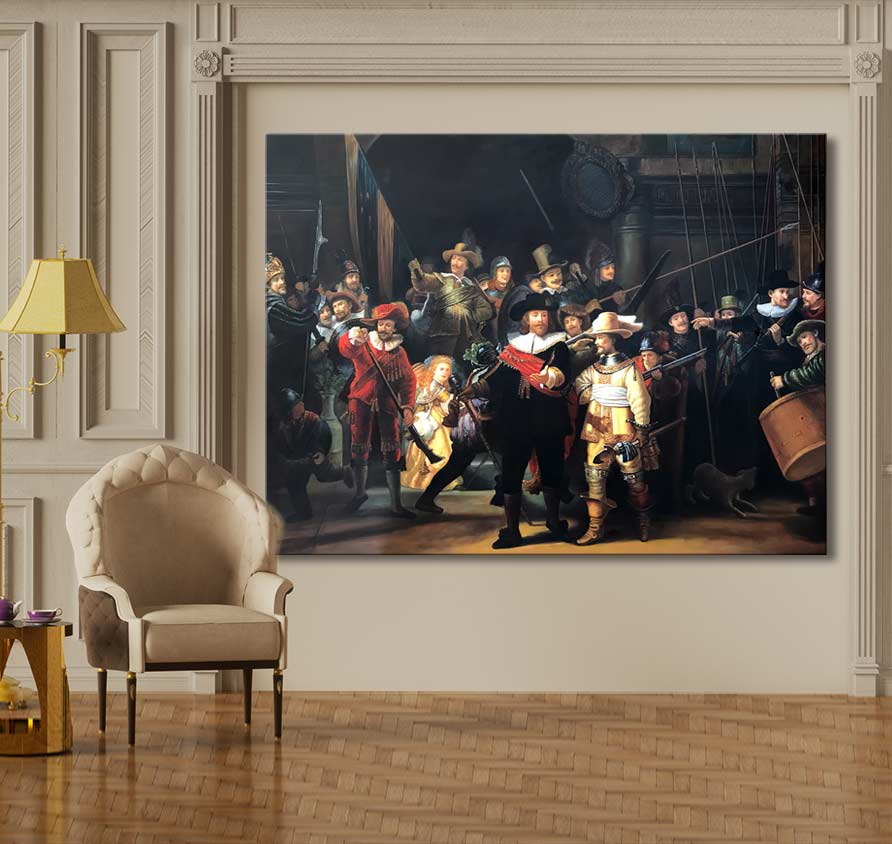 Rembrandt van Rijn - De Nachtwacht, handgeschilderd olieverfschilderij van een 17e-eeuws militiegezelschap, gespannen op houten frame, ideaal voor klassiek interieurontwerp.