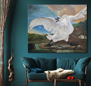 Jan Asselijn's The Threatened Swan oil painting in a teal-themed living room, showcasing a swan in a defensive stance, perfect for art enthusiasts.